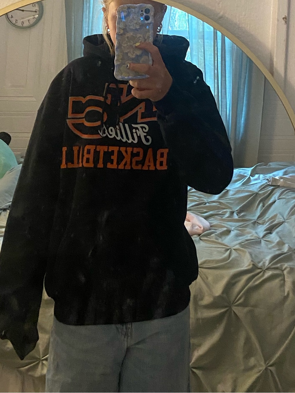 Black Graphic Basketball Hoodie with Orange Print